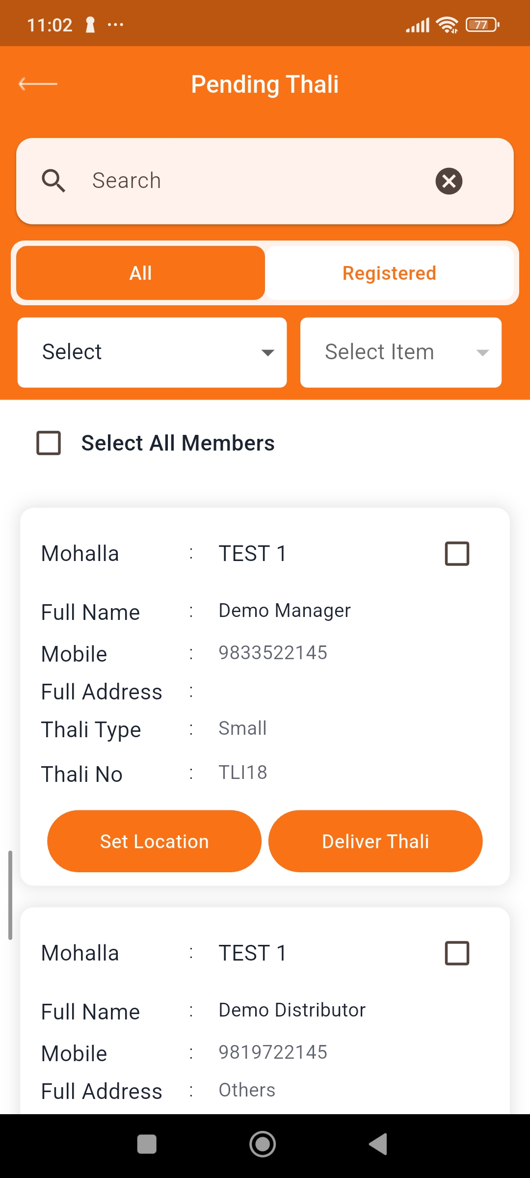 Deliver Thali screen with member-wise checklist