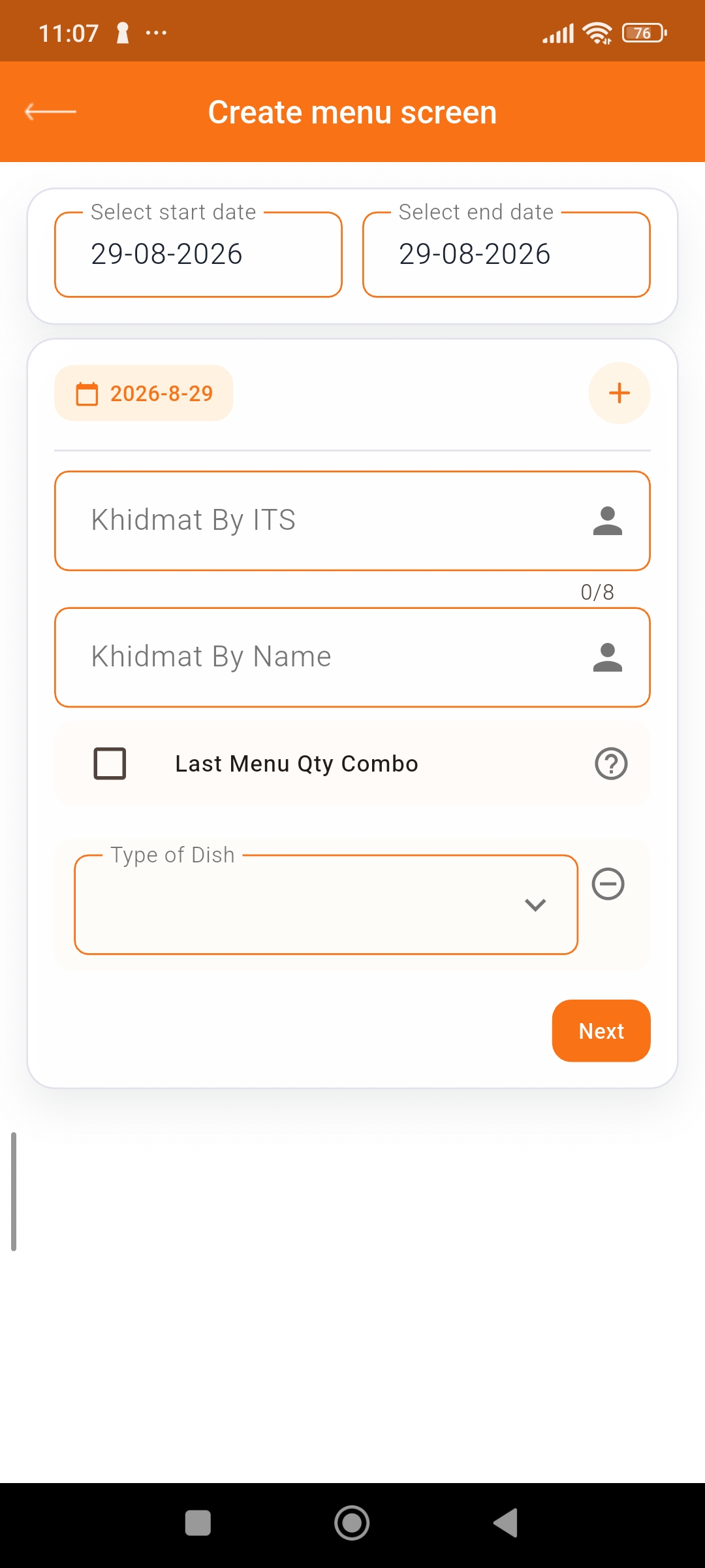 Create menu screen with dish quantity and khidmat options
