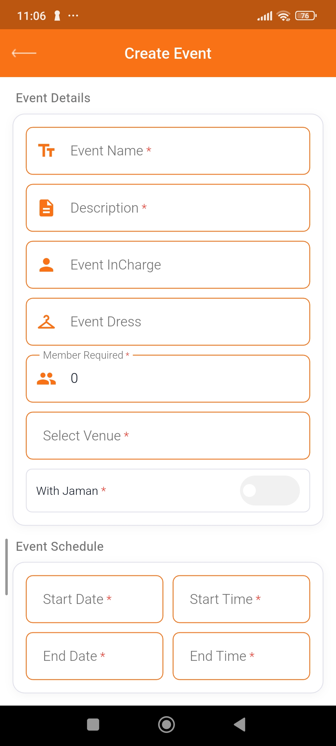 Create event screen with venue, dress code, and schedule