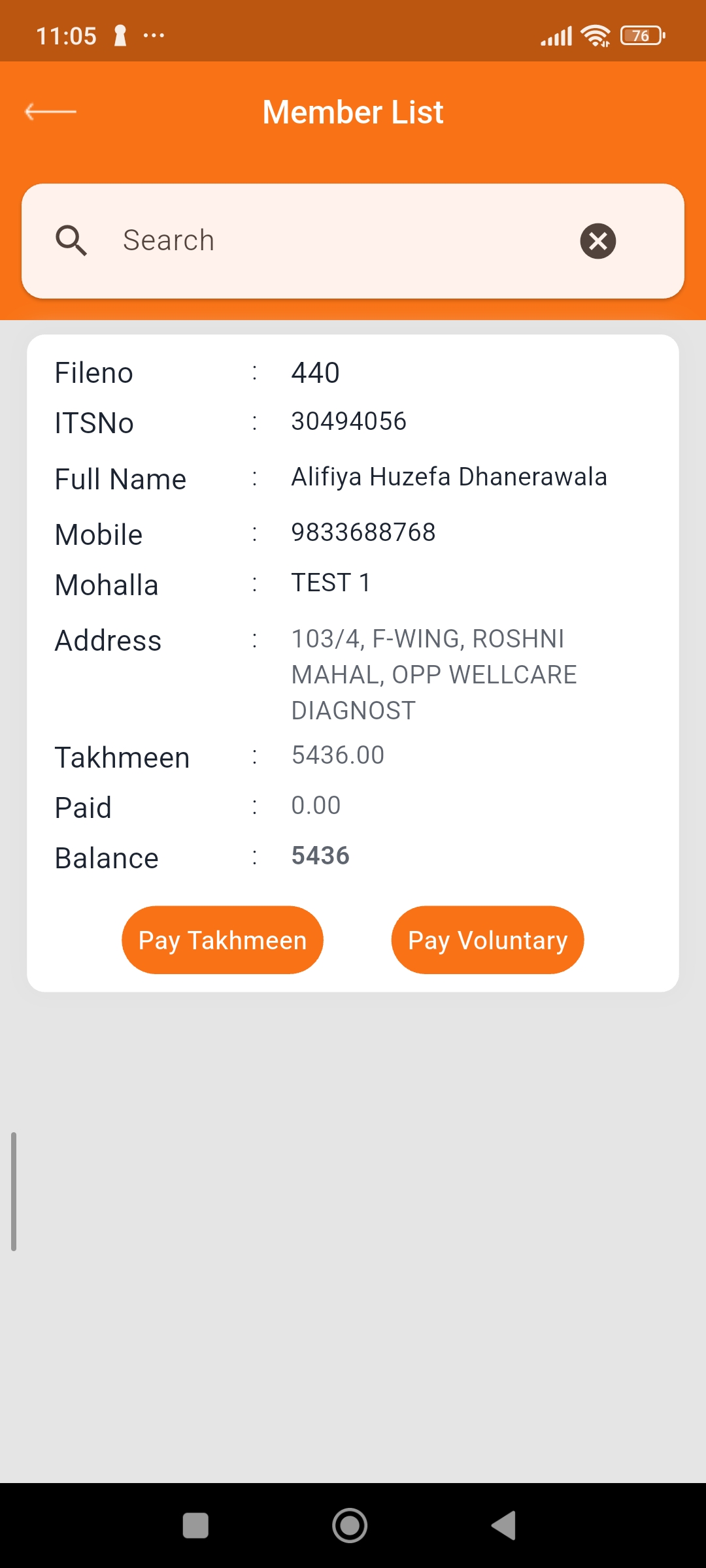 Member list with Takhmeen balance and payment options