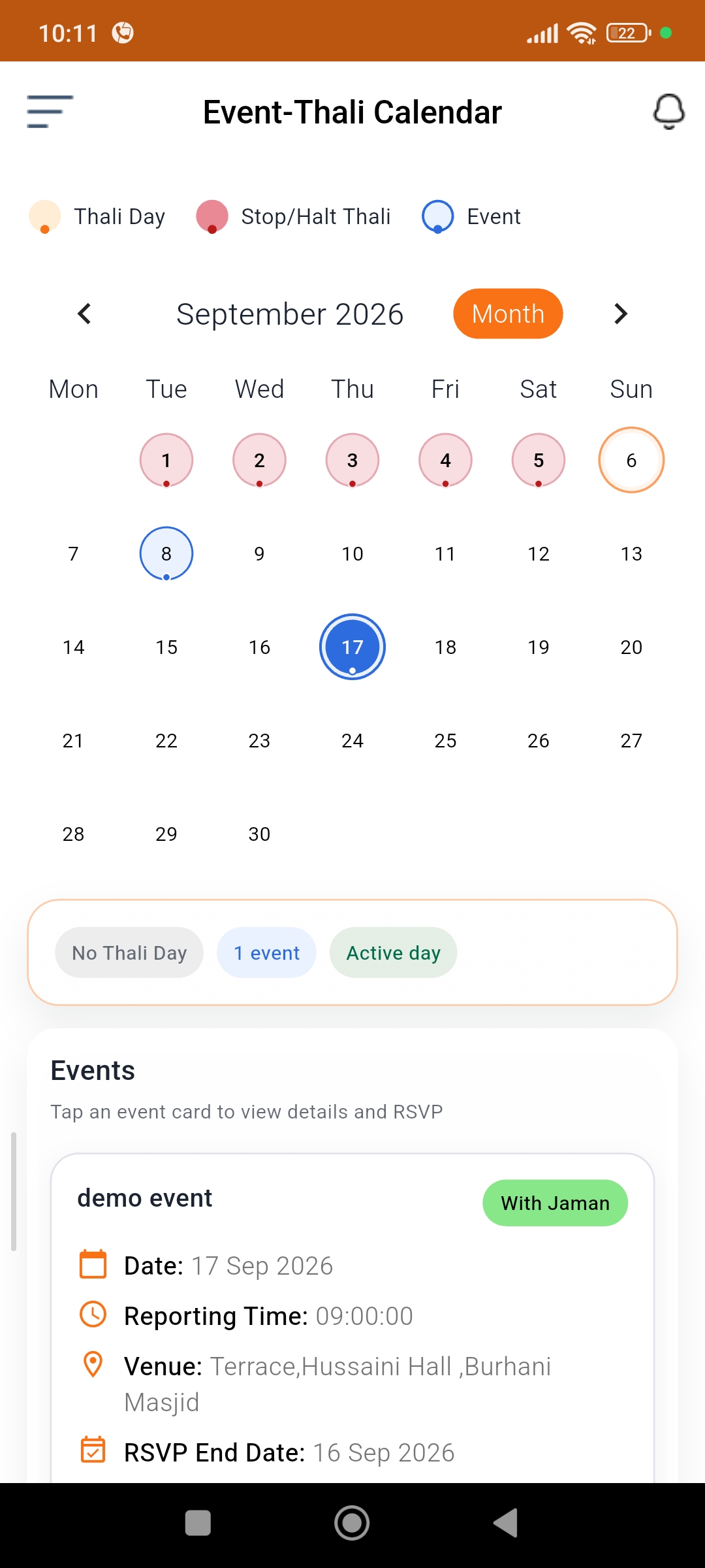 Event-Thali calendar with month view and event markers