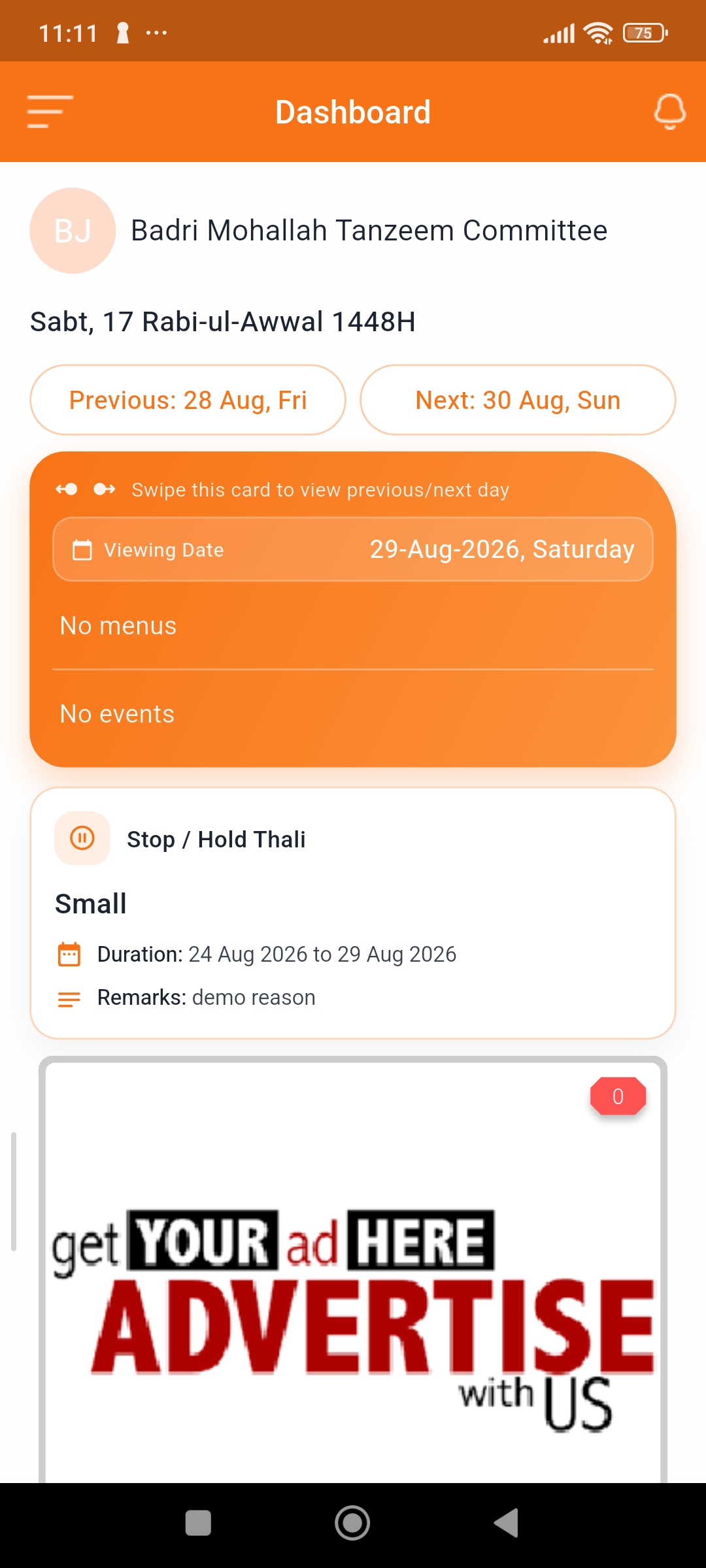 Member daily dashboard showing today's menu and Thali status