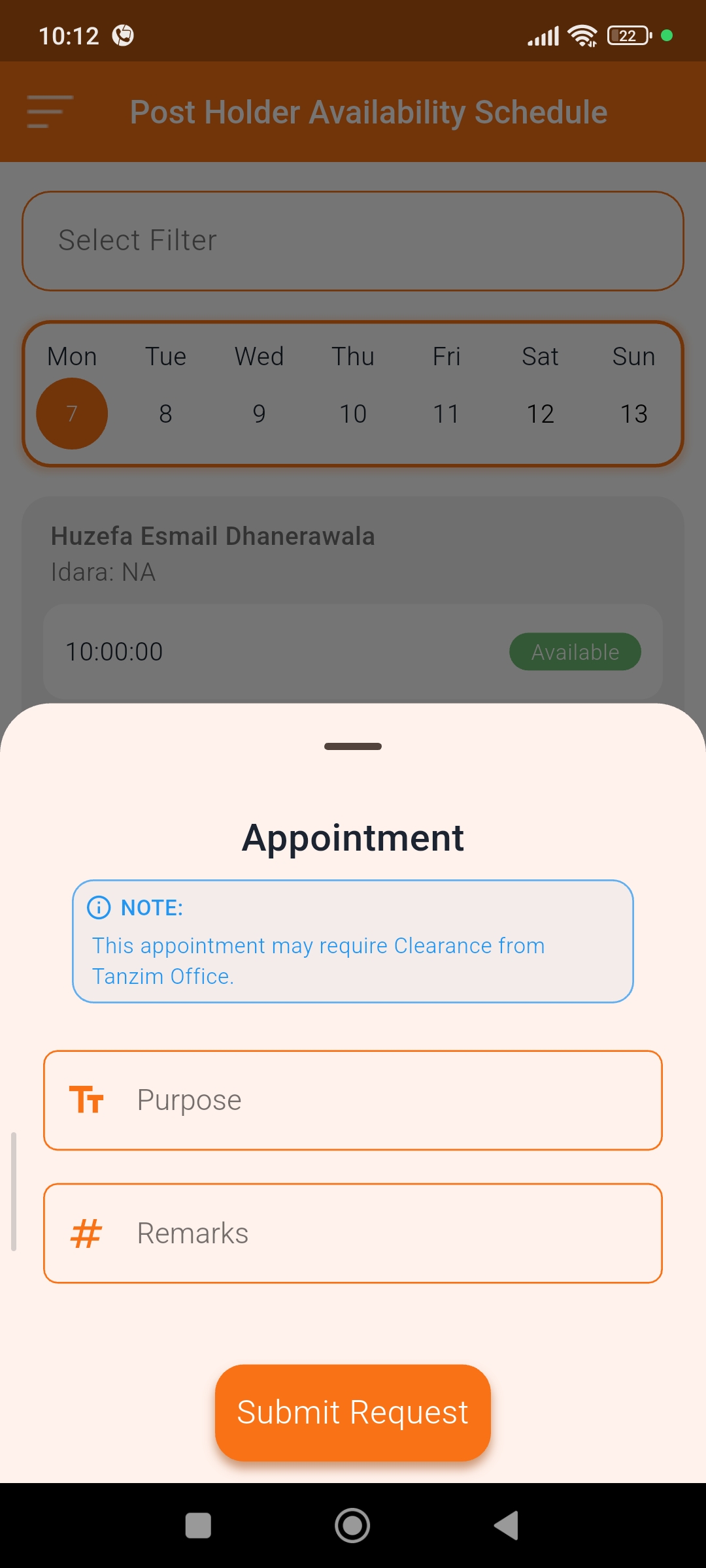 Post holder availability schedule with appointment request
