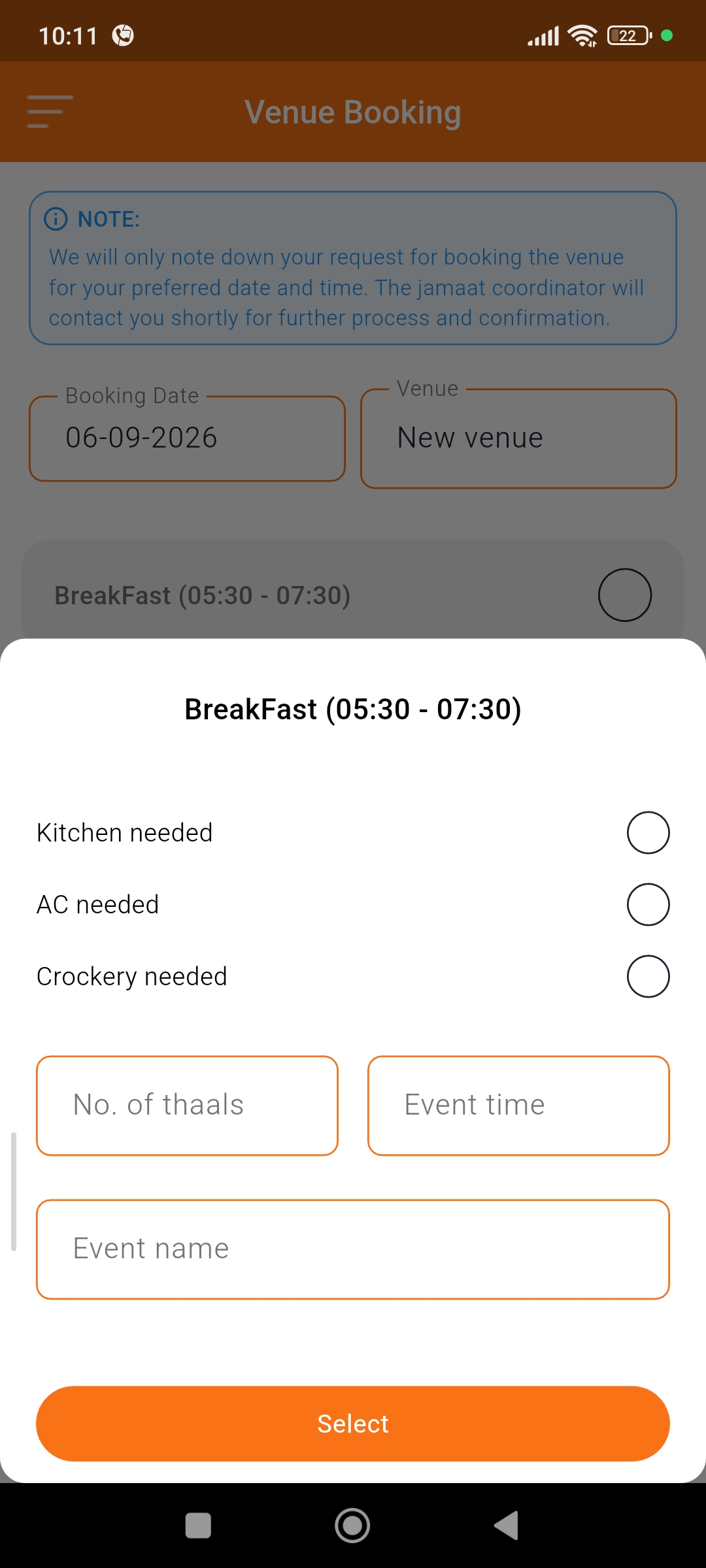 Venue booking screen with slot details modal